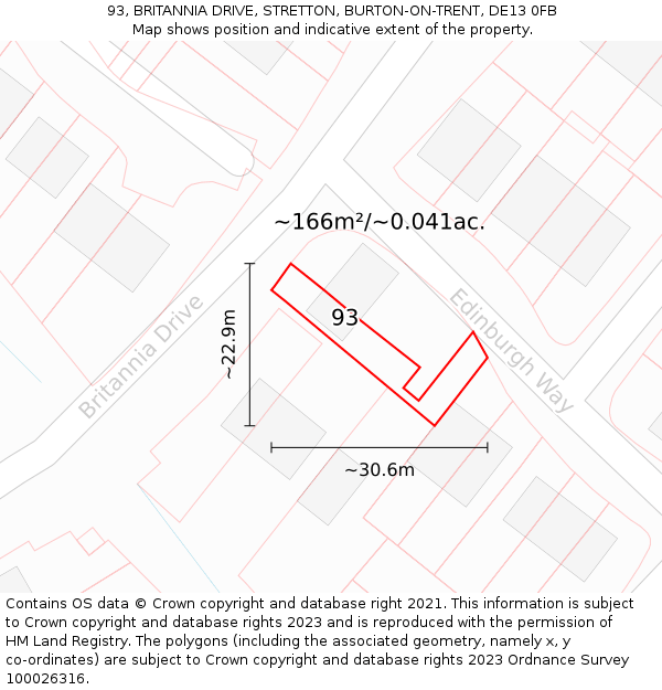 93, BRITANNIA DRIVE, STRETTON, BURTON-ON-TRENT, DE13 0FB: Plot and title map