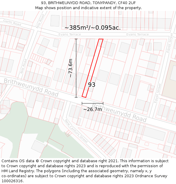 93, BRITHWEUNYDD ROAD, TONYPANDY, CF40 2UF: Plot and title map