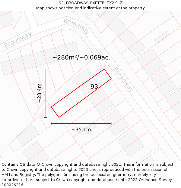 93, BROADWAY, EXETER, EX2 9LZ: Plot and title map
