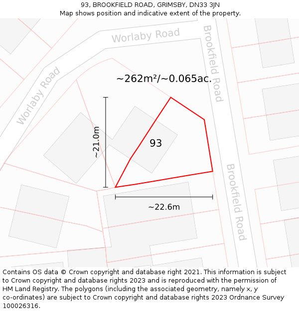 93, BROOKFIELD ROAD, GRIMSBY, DN33 3JN: Plot and title map