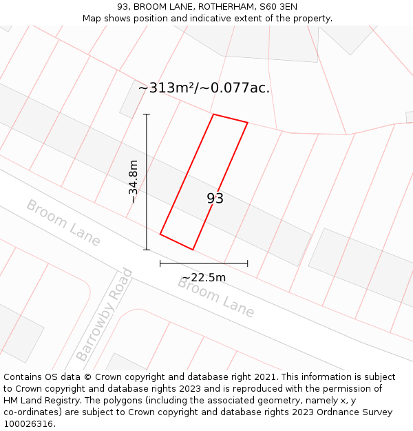 93, BROOM LANE, ROTHERHAM, S60 3EN: Plot and title map