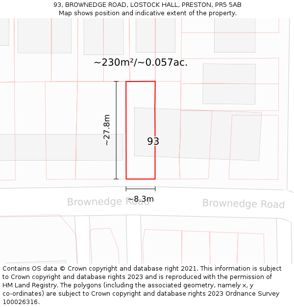93, BROWNEDGE ROAD, LOSTOCK HALL, PRESTON, PR5 5AB: Plot and title map