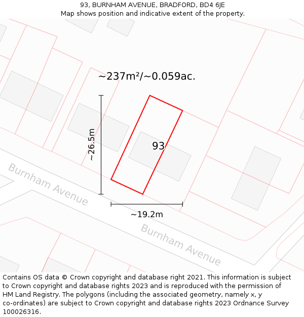 93, BURNHAM AVENUE, BRADFORD, BD4 6JE: Plot and title map
