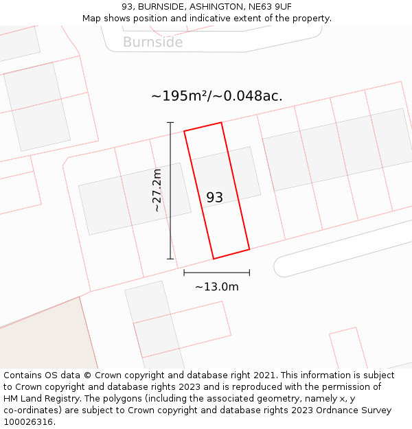 93, BURNSIDE, ASHINGTON, NE63 9UF: Plot and title map