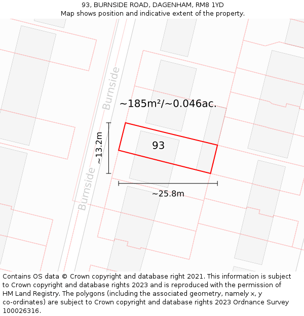 93, BURNSIDE ROAD, DAGENHAM, RM8 1YD: Plot and title map