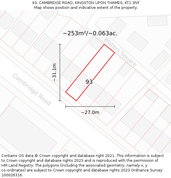 93, CAMBRIDGE ROAD, KINGSTON UPON THAMES, KT1 3NY: Plot and title map
