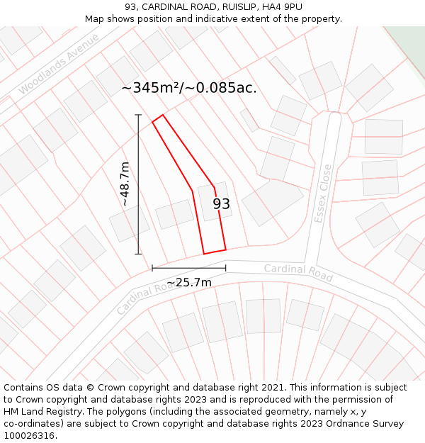 93, CARDINAL ROAD, RUISLIP, HA4 9PU: Plot and title map