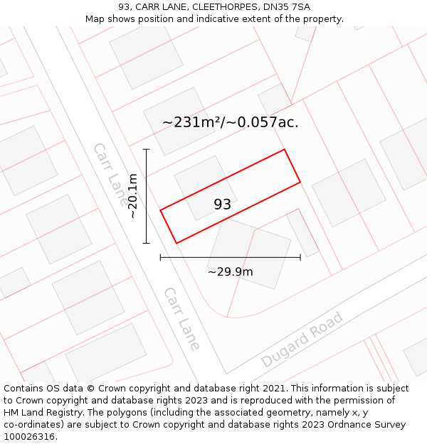 93, CARR LANE, CLEETHORPES, DN35 7SA: Plot and title map