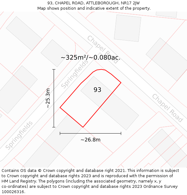 93, CHAPEL ROAD, ATTLEBOROUGH, NR17 2JW: Plot and title map