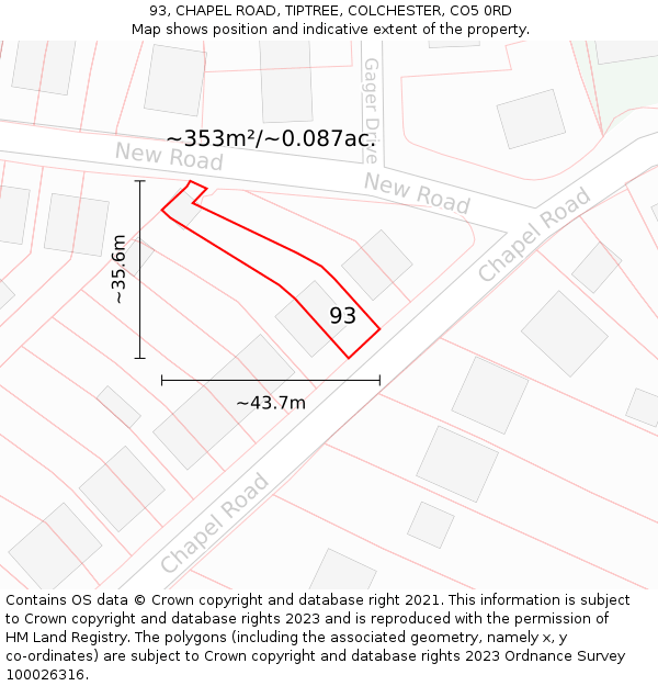 93, CHAPEL ROAD, TIPTREE, COLCHESTER, CO5 0RD: Plot and title map