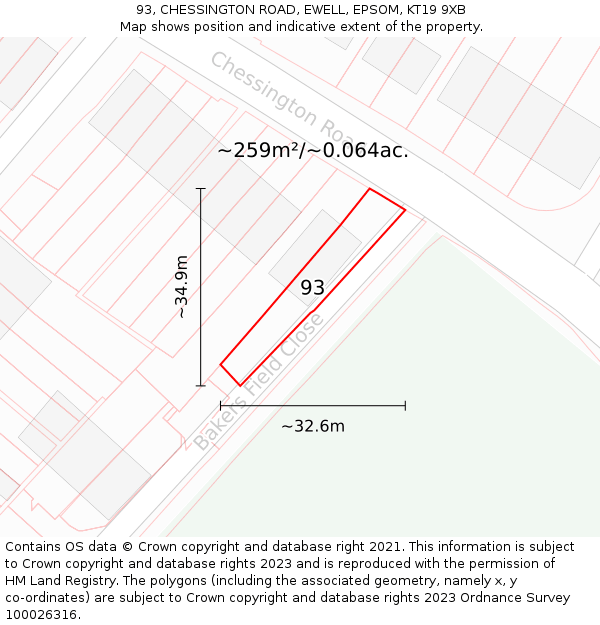 93, CHESSINGTON ROAD, EWELL, EPSOM, KT19 9XB: Plot and title map