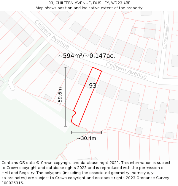 93, CHILTERN AVENUE, BUSHEY, WD23 4RF: Plot and title map