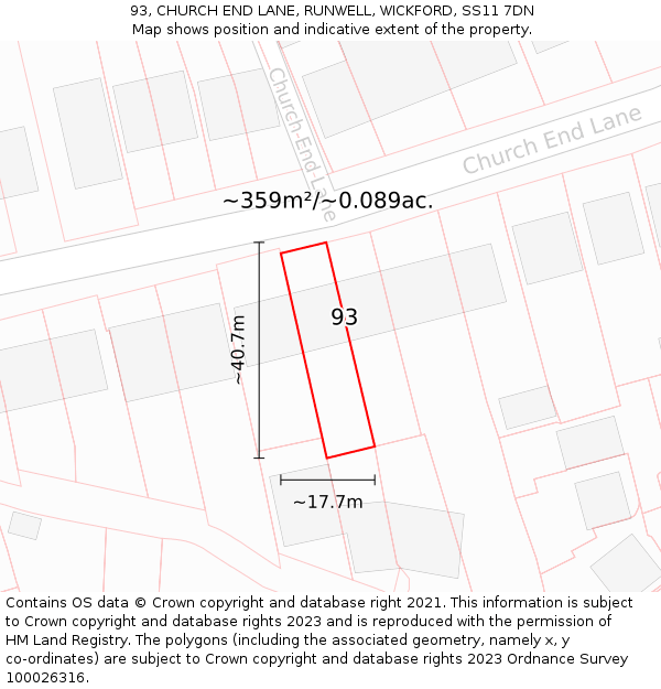 93, CHURCH END LANE, RUNWELL, WICKFORD, SS11 7DN: Plot and title map