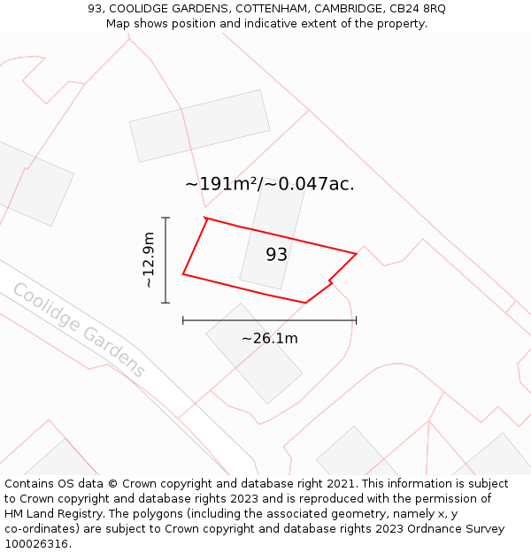 93, COOLIDGE GARDENS, COTTENHAM, CAMBRIDGE, CB24 8RQ: Plot and title map