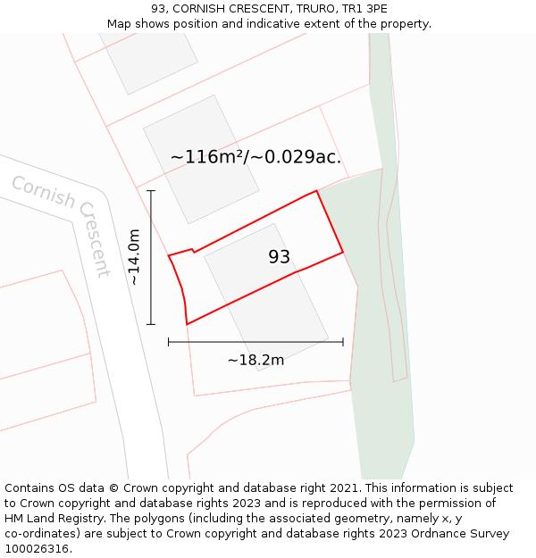 93, CORNISH CRESCENT, TRURO, TR1 3PE: Plot and title map
