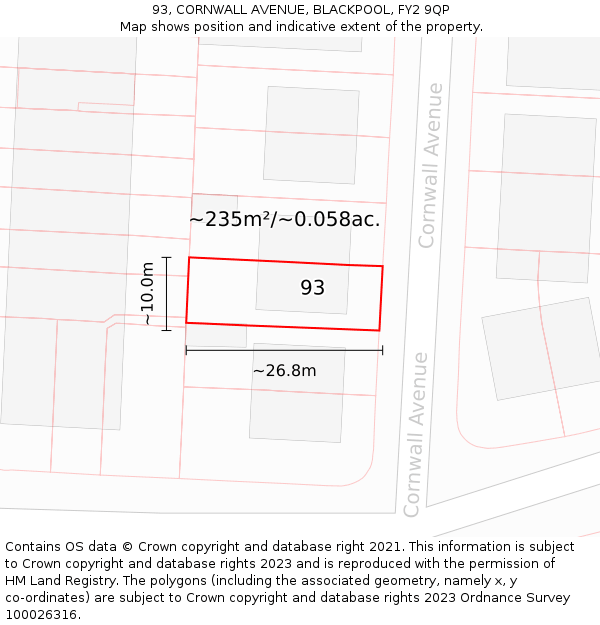 93, CORNWALL AVENUE, BLACKPOOL, FY2 9QP: Plot and title map