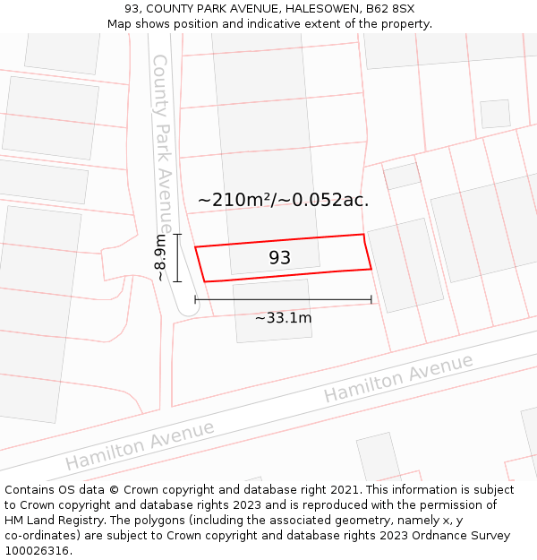 93, COUNTY PARK AVENUE, HALESOWEN, B62 8SX: Plot and title map