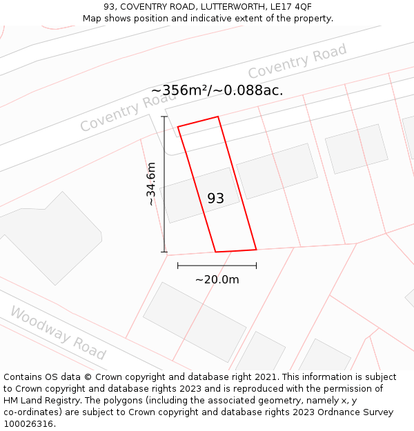 93, COVENTRY ROAD, LUTTERWORTH, LE17 4QF: Plot and title map