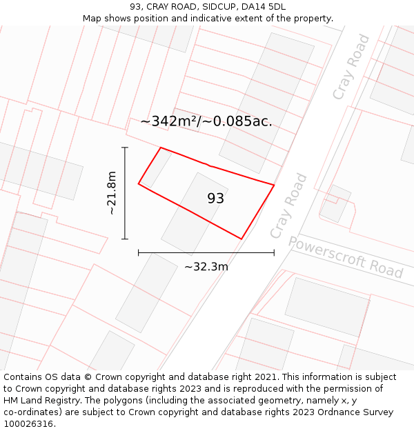 93, CRAY ROAD, SIDCUP, DA14 5DL: Plot and title map