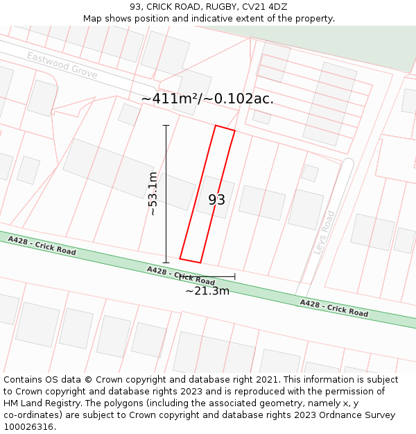 93, CRICK ROAD, RUGBY, CV21 4DZ: Plot and title map