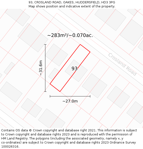 93, CROSLAND ROAD, OAKES, HUDDERSFIELD, HD3 3PG: Plot and title map