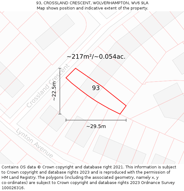 93, CROSSLAND CRESCENT, WOLVERHAMPTON, WV6 9LA: Plot and title map