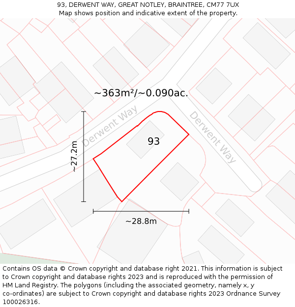 93, DERWENT WAY, GREAT NOTLEY, BRAINTREE, CM77 7UX: Plot and title map