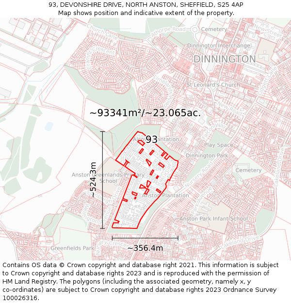 93, DEVONSHIRE DRIVE, NORTH ANSTON, SHEFFIELD, S25 4AP: Plot and title map