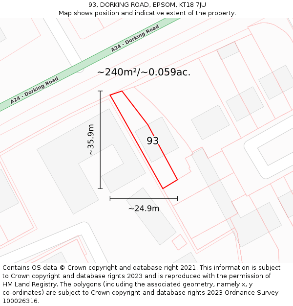 93, DORKING ROAD, EPSOM, KT18 7JU: Plot and title map