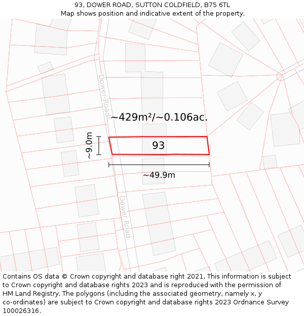93, DOWER ROAD, SUTTON COLDFIELD, B75 6TL: Plot and title map