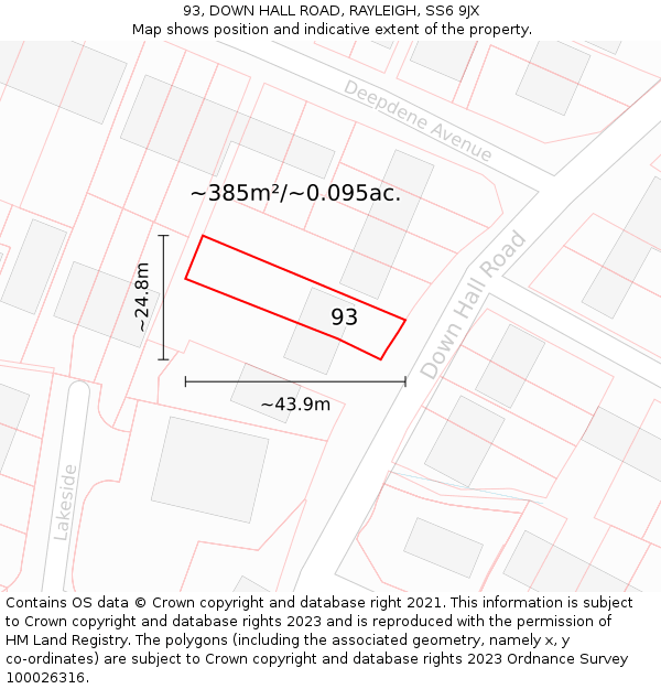 93, DOWN HALL ROAD, RAYLEIGH, SS6 9JX: Plot and title map