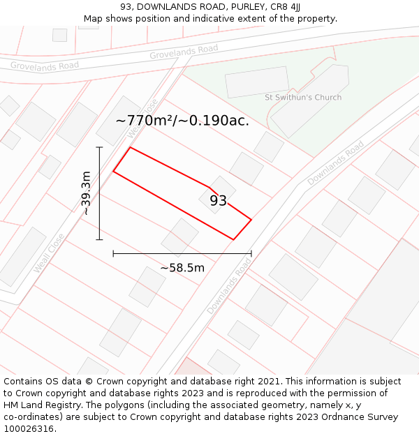 93, DOWNLANDS ROAD, PURLEY, CR8 4JJ: Plot and title map
