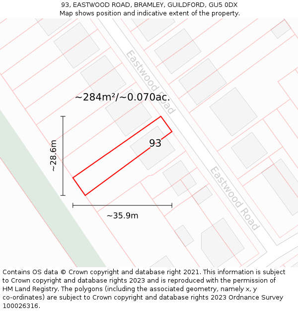 93, EASTWOOD ROAD, BRAMLEY, GUILDFORD, GU5 0DX: Plot and title map