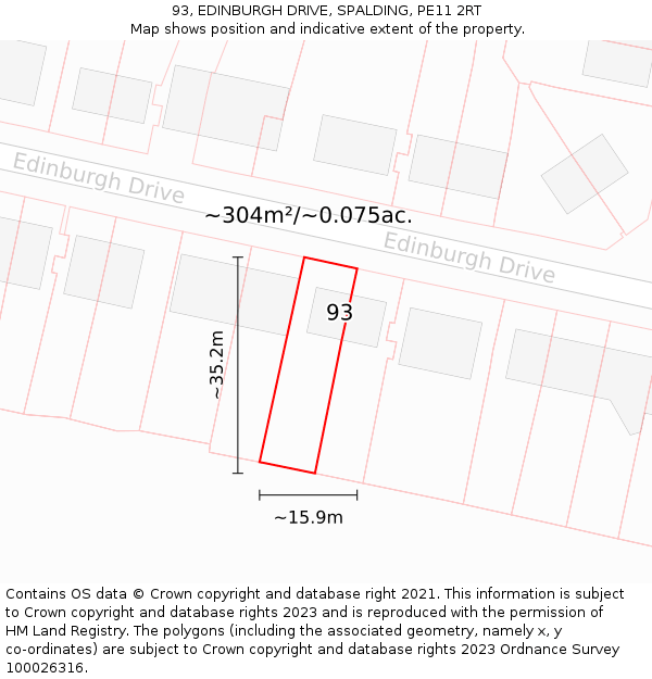 93, EDINBURGH DRIVE, SPALDING, PE11 2RT: Plot and title map