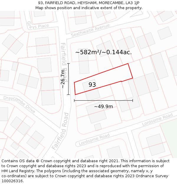 93, FAIRFIELD ROAD, HEYSHAM, MORECAMBE, LA3 1JP: Plot and title map