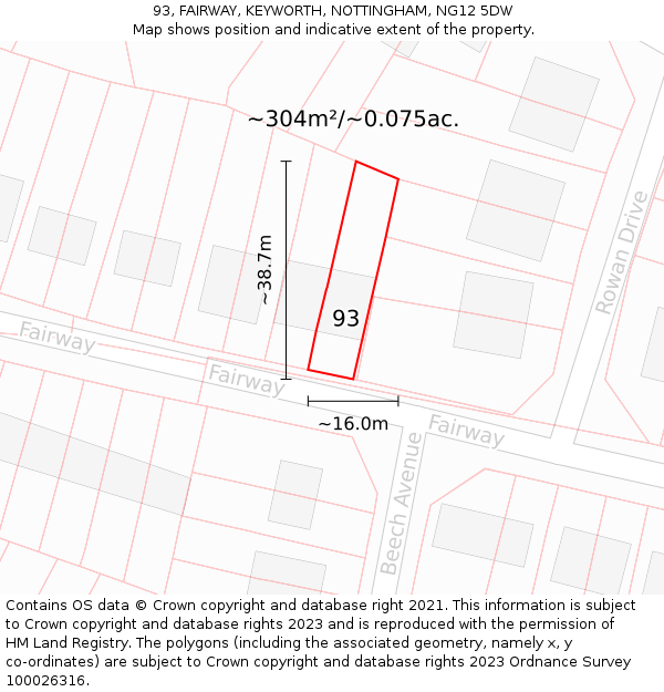 93, FAIRWAY, KEYWORTH, NOTTINGHAM, NG12 5DW: Plot and title map