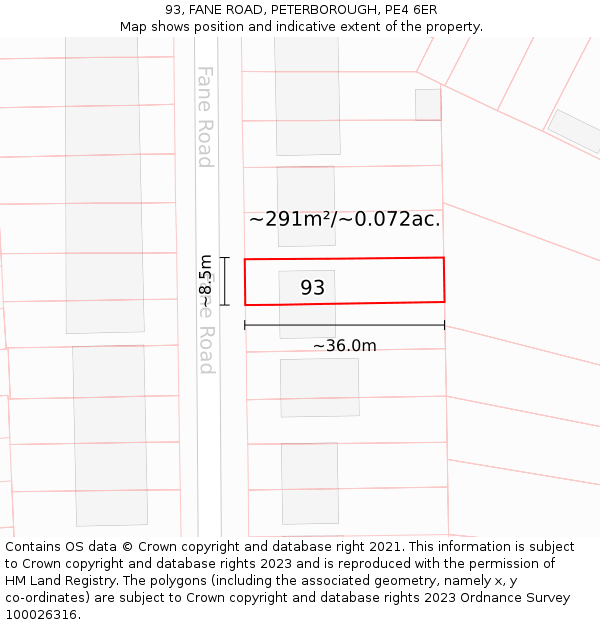 93, FANE ROAD, PETERBOROUGH, PE4 6ER: Plot and title map