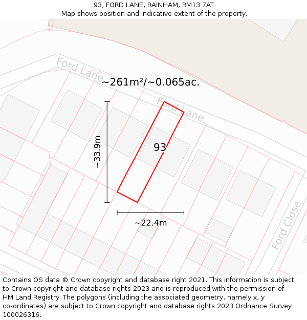 93, FORD LANE, RAINHAM, RM13 7AT: Plot and title map