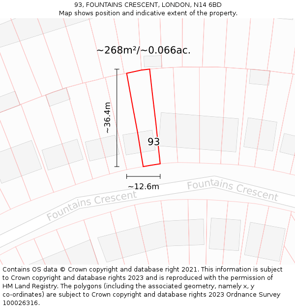 93, FOUNTAINS CRESCENT, LONDON, N14 6BD: Plot and title map