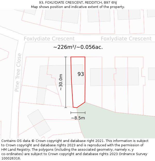 93, FOXLYDIATE CRESCENT, REDDITCH, B97 6NJ: Plot and title map
