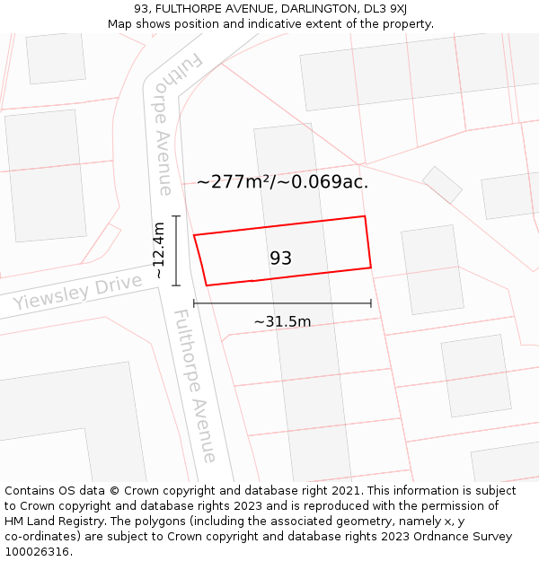 93, FULTHORPE AVENUE, DARLINGTON, DL3 9XJ: Plot and title map