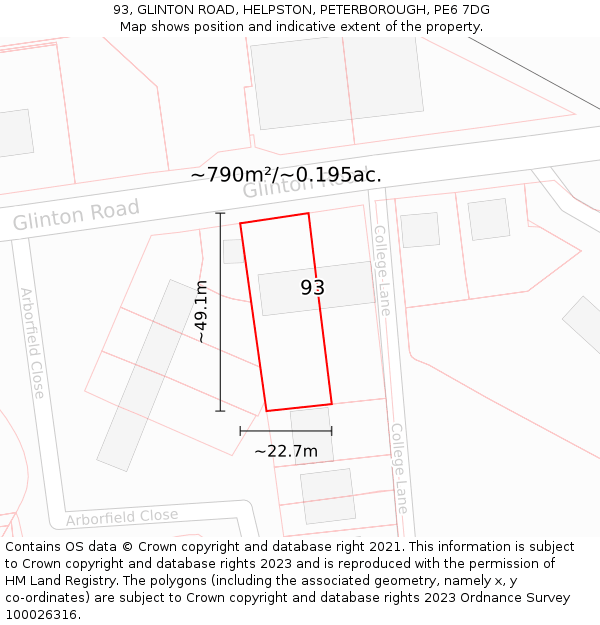 93, GLINTON ROAD, HELPSTON, PETERBOROUGH, PE6 7DG: Plot and title map