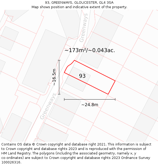 93, GREENWAYS, GLOUCESTER, GL4 3SA: Plot and title map