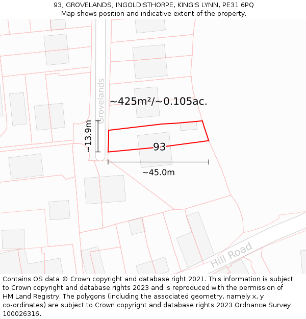 93, GROVELANDS, INGOLDISTHORPE, KING'S LYNN, PE31 6PQ: Plot and title map