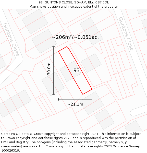 93, GUNTONS CLOSE, SOHAM, ELY, CB7 5DL: Plot and title map