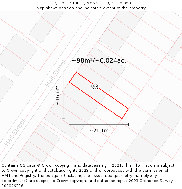 93, HALL STREET, MANSFIELD, NG18 3AR: Plot and title map
