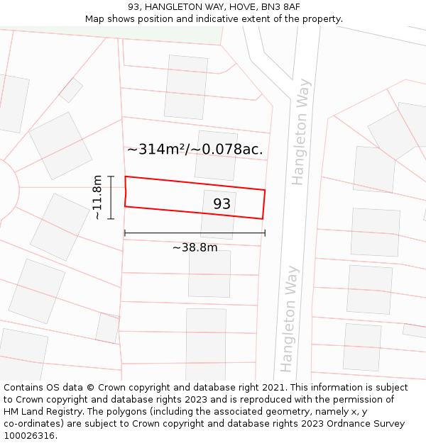 93, HANGLETON WAY, HOVE, BN3 8AF: Plot and title map
