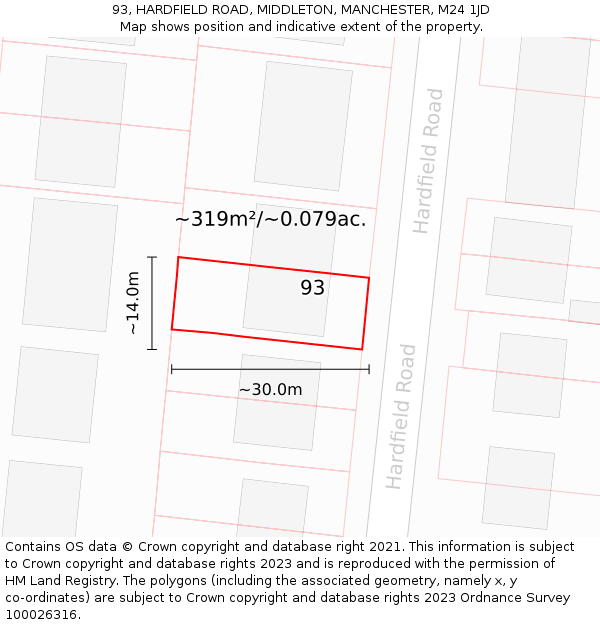 93, HARDFIELD ROAD, MIDDLETON, MANCHESTER, M24 1JD: Plot and title map