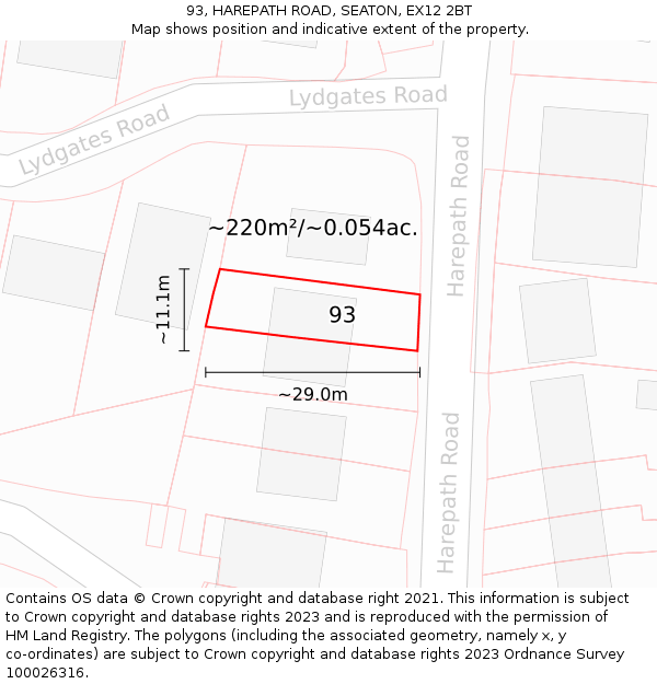 93, HAREPATH ROAD, SEATON, EX12 2BT: Plot and title map