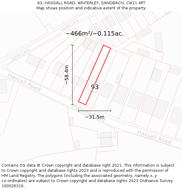 93, HASSALL ROAD, WINTERLEY, SANDBACH, CW11 4RT: Plot and title map